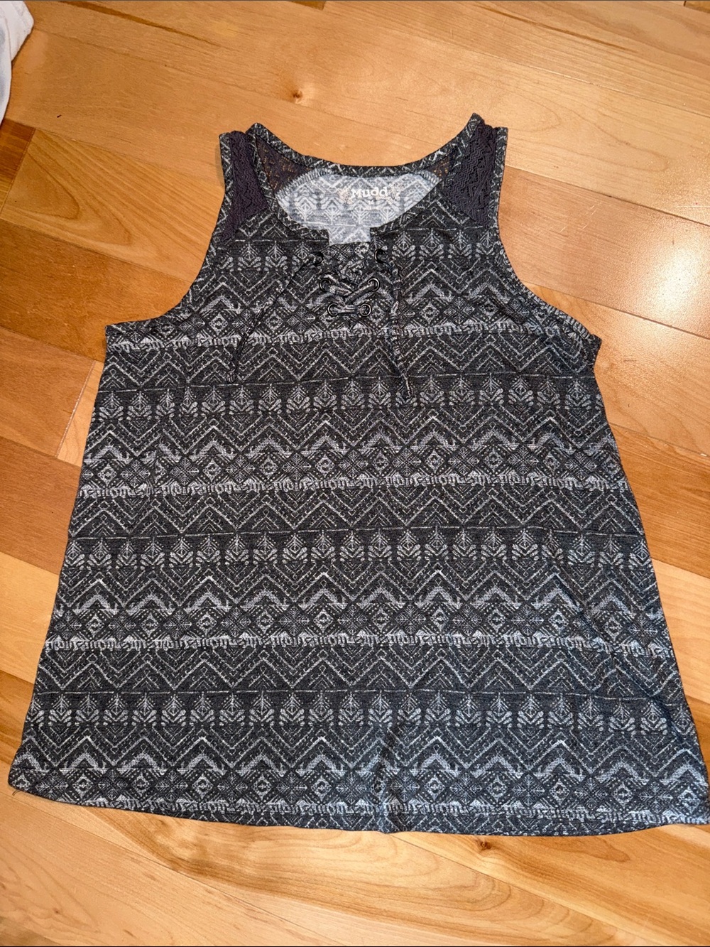Girls Black Patterned Lace-Up Tank Top Mudd 14 EUC